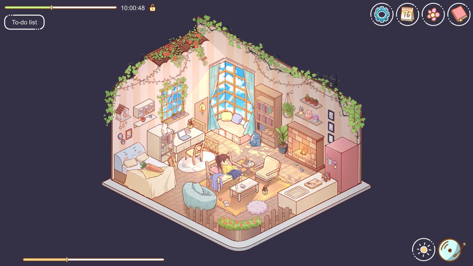 Cozy Time cottage interior at dusk