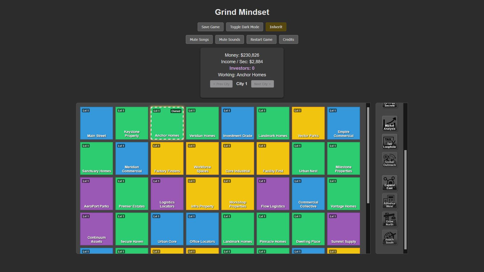 Grind Mindset gameplay: property portfolio