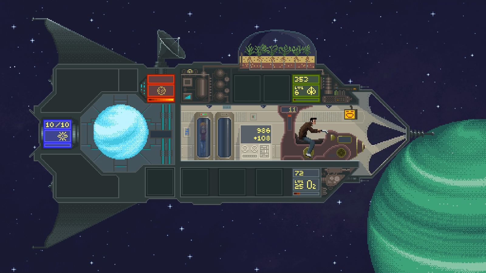 Human-powered spacecraft screenshot showing the pixel art ship interior
