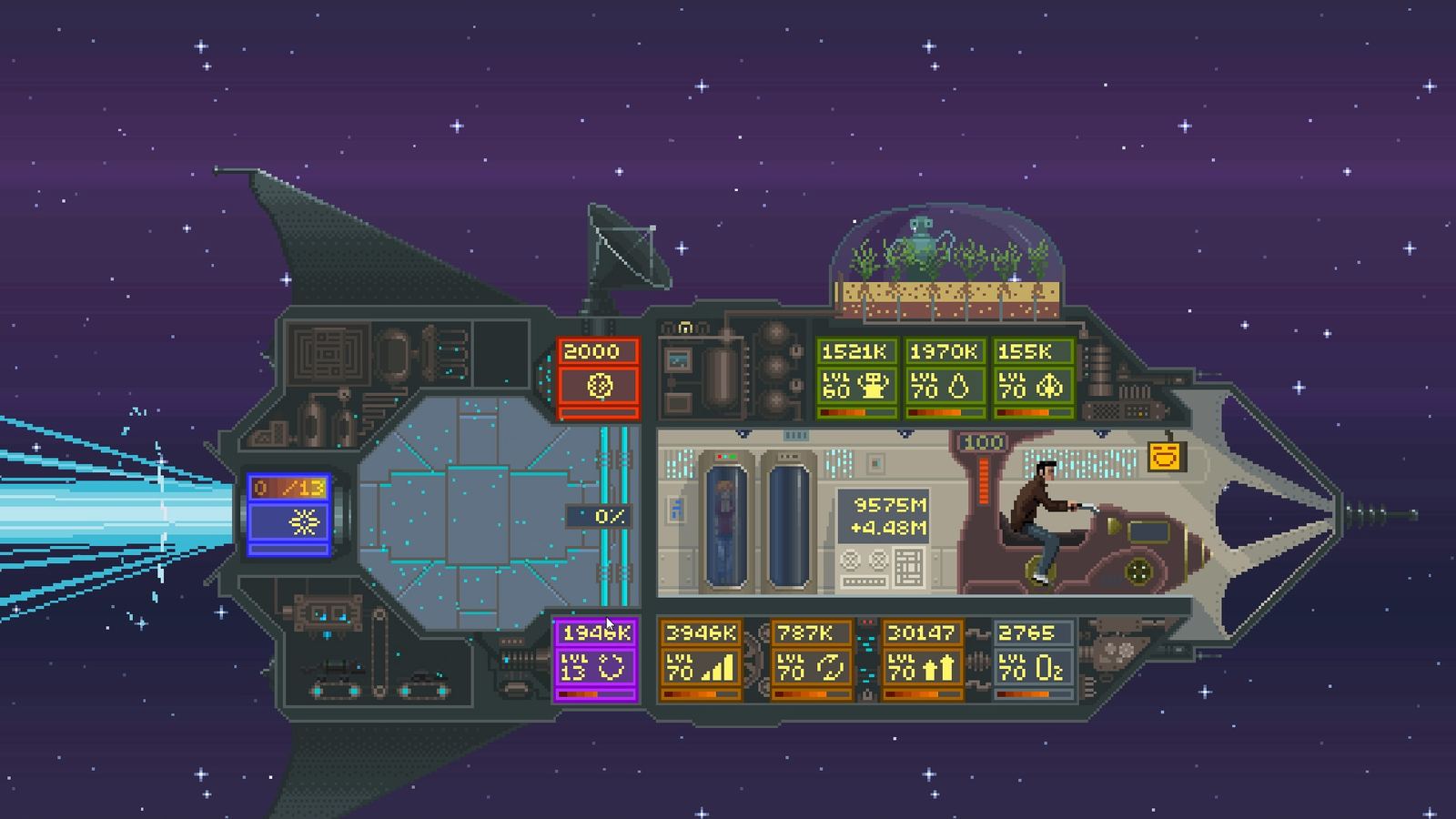 Human-powered spacecraft screenshot showing ship upgrades