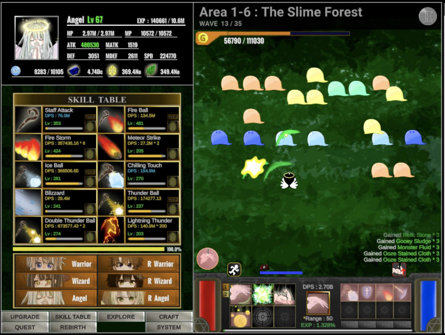 Incremental Epic Hero screenshot showing upgrades and skill menus