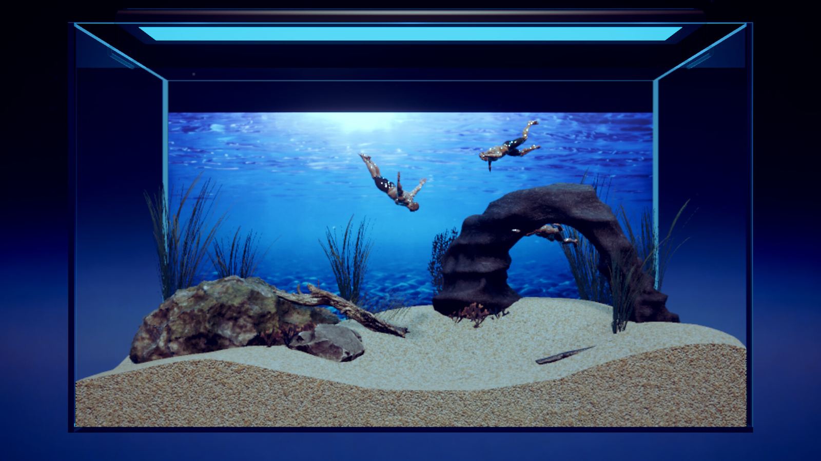 Machorium screenshot showing muscle men in a decorated aquarium