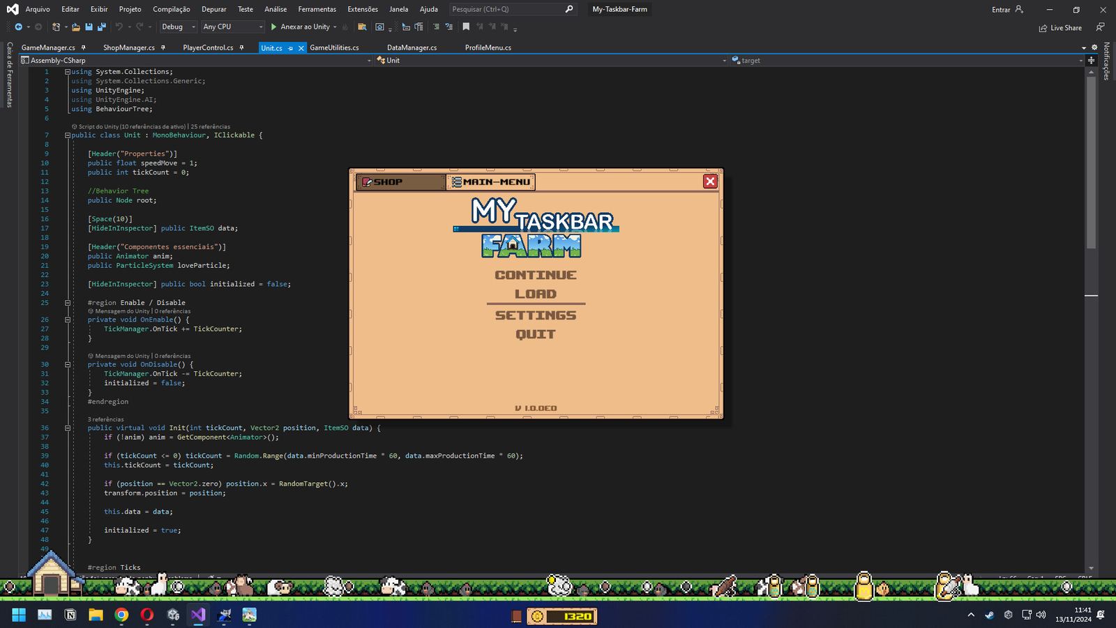 My Taskbar Farm gameplay: livestock in the taskbar strip