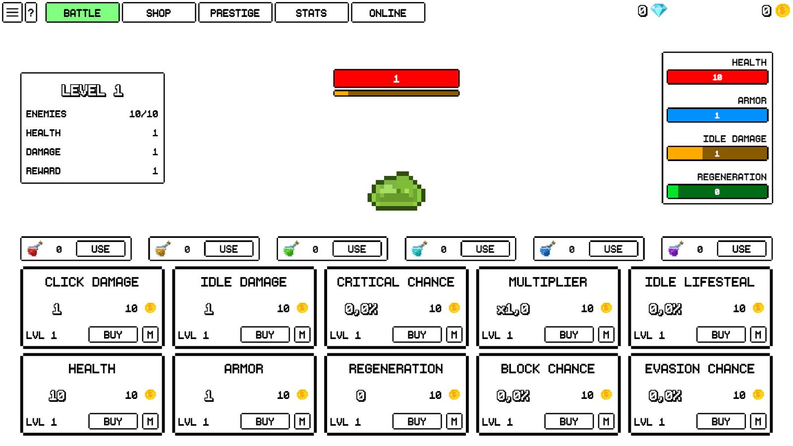 One Life Clicker gameplay: hero fighting enemy waves