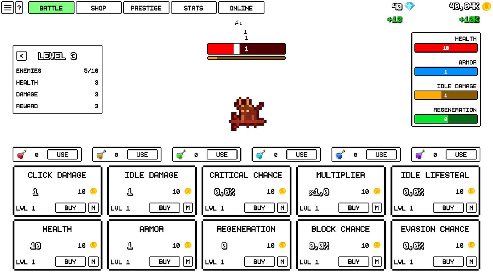 One Life Clicker gameplay: stat upgrades