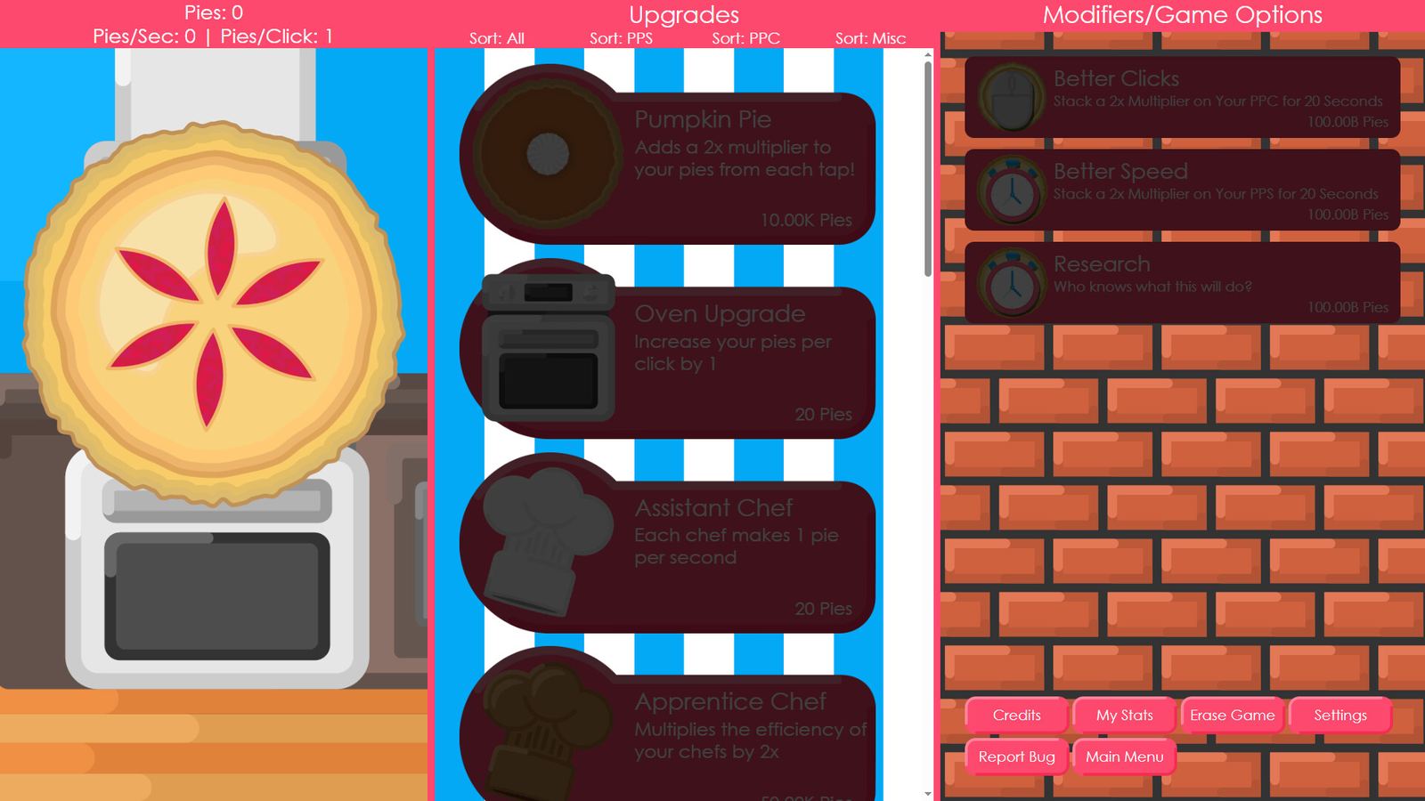 PieClicker gameplay: the central pie and the counters