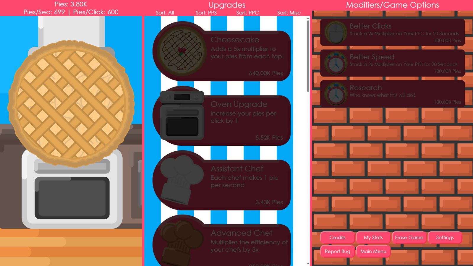 PieClicker gameplay: upgrades and milestones